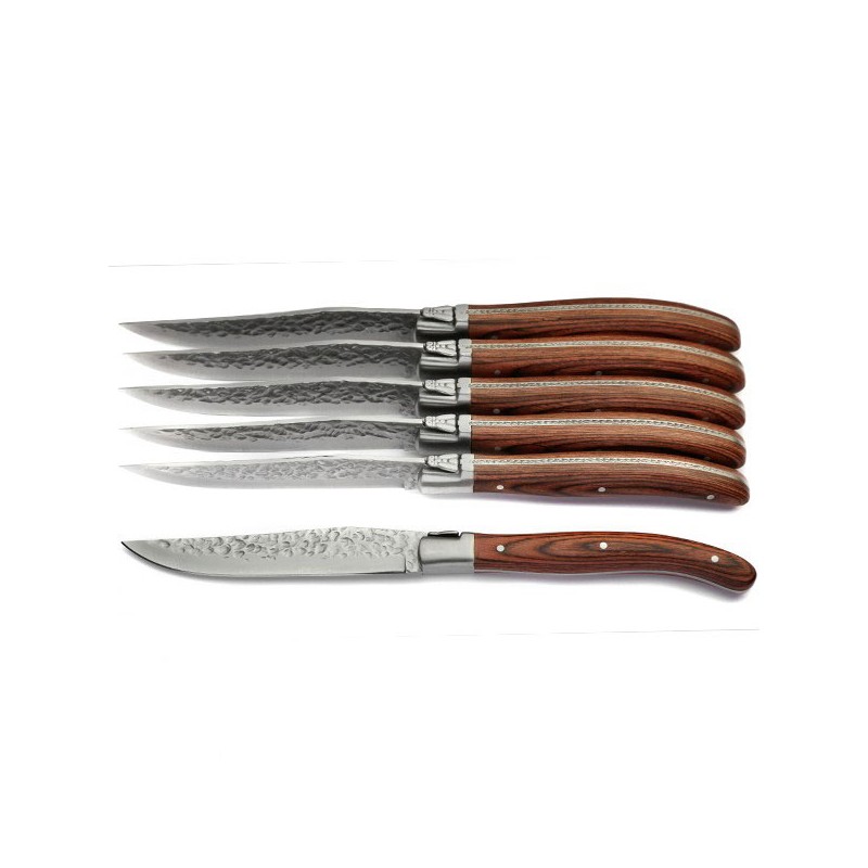 Luxury boxed set of 6 steak knives, exotic wood handle, rawness aspect blade 