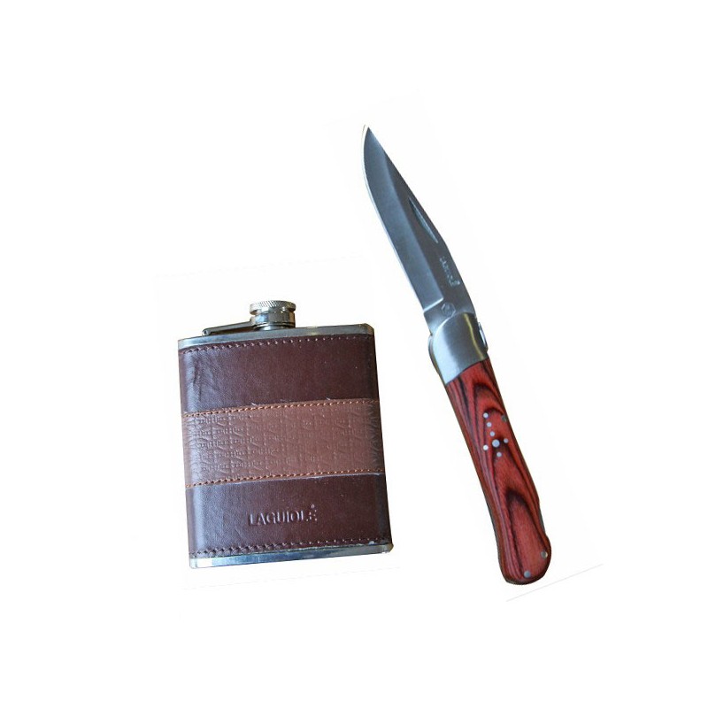 wood handle hunting knife, with hip flask.