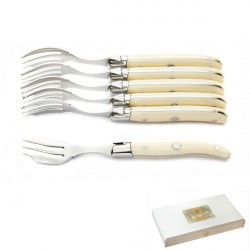 Luxury boxed set of 6 Ivoirine cake (or oyster) forks, ivory look handle forks