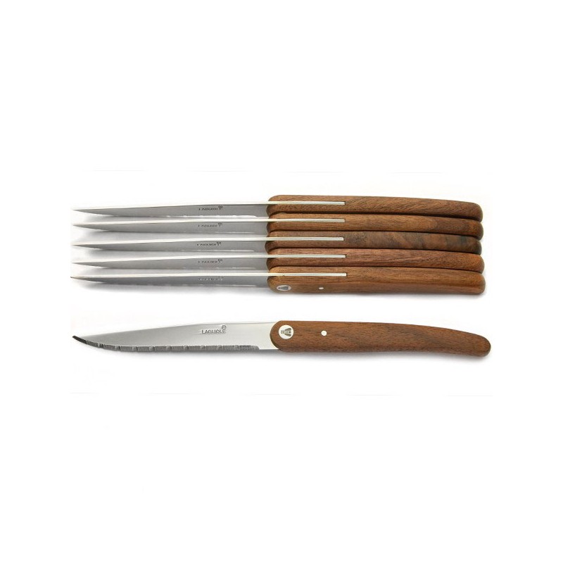 Boxed set of 6 steak knives, exotic wood, clean and modern form.