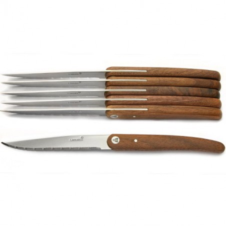 Estuche 6 cuchillos mango de madera exótica, forma limpia y moderna.