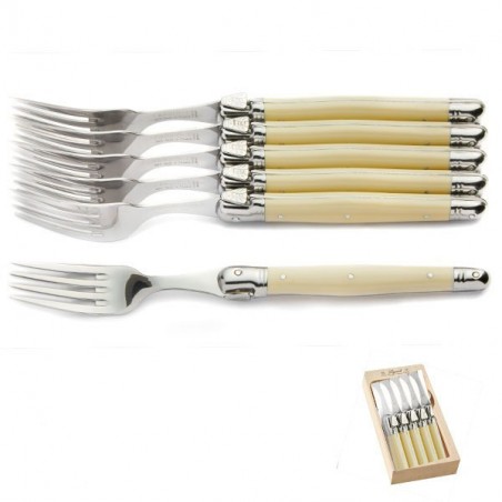 6 forks, ivory look ABS handle, wooden box