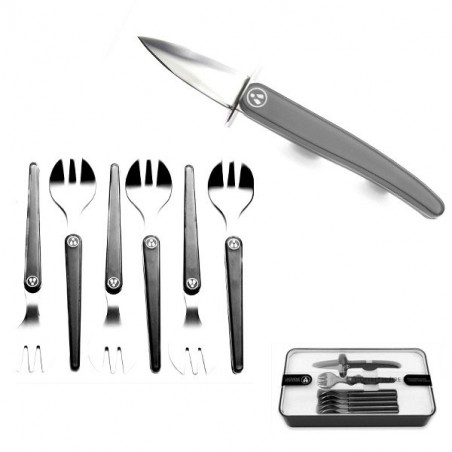 Coffret couteau à huitres et 6 fourchettes, gris anthracite