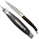Ebony wood handle Laguiole Damascus knife with leather case