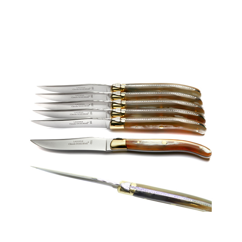 Laguiole luxury boxed set of 6 real clear horn handle knives